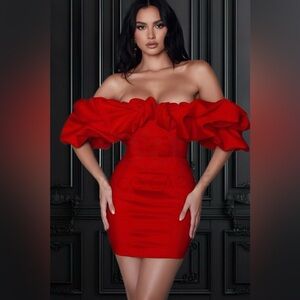 Red Elegant Off Shoulder Oversized Ruffle Slim Fit Bodycon Mini Party Dress